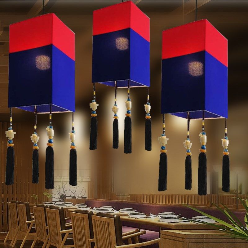 红蓝布餐厅布艺灯笼吊灯创意简约足浴店韩式料理烤肉店个性长方灯,淘宝优惠券,粉丝福利购,淘宝优惠卷