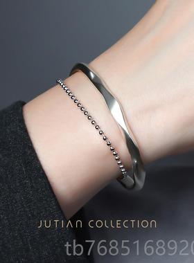 高档IJTAN手镯U女纯银ins潮年轻款简约不规则设计哑光百银搭手饰