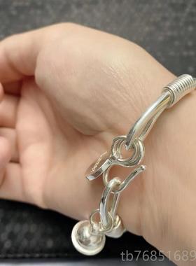 高档纯银银手工手镯999银定制实心足圆条开口马蹄形银白雪花银镯