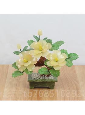 高档然玉石丹牡花盆景摆件居家饰客天厅电视家柜玄关新中式玉雕工