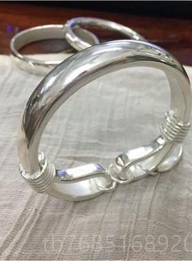 高档纯银工手999足银坠手镯女手工定制心扁款白银雪花银镯吊需实