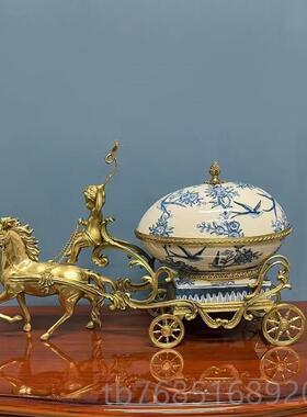 高档创式意铜包车瓷马拉果盘摆件欧式美客厅玄关陶瓷配铜收纳盒摆