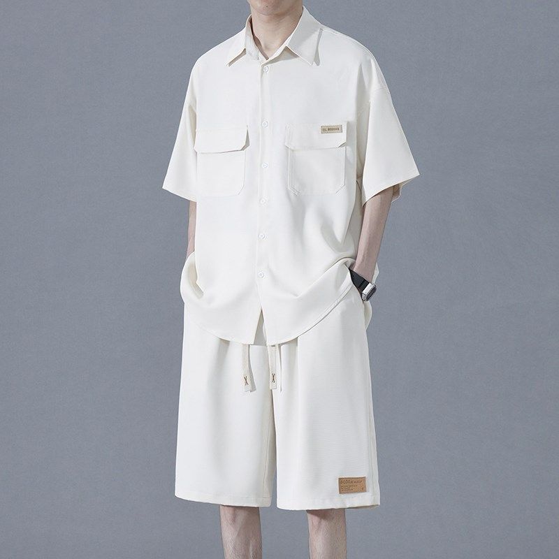 胖子夏季五分袖短衬衫工装套装男士宽松加肥加大码薄款休闲套装潮,淘宝优惠券,粉丝福利购,淘宝优惠卷