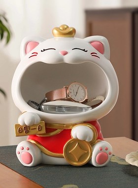 国潮大嘴招财猫玄关钥匙收纳摆件乔迁新居客厅装饰喜庆花艺礼物