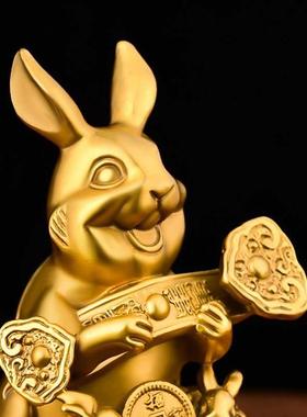纯铜兔子摆件生肖兔聚宝盆兔如意兔家居办公室装饰元宝兔年吉祥物