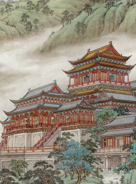 国画工笔山水画丝绸卷轴画山林楼阁立轴画书房办公室装饰挂画厂家