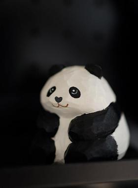 木刻自习室|木雕大熊猫纯手工雕刻木摆件可爱车内车载七夕节礼物