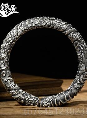 高档祥银居云南花创工银 原设计穿云龙雪足银手镯古法做旧高浮雕.