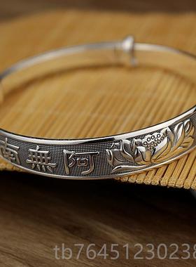 高档无阿弥陀佛银镯99手9纯足银女款荷花银镯子南送妈妈