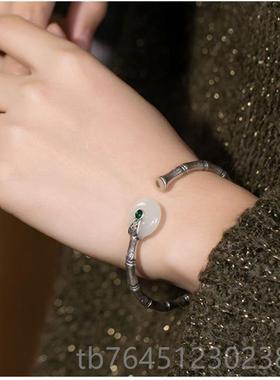 高档竹节白玉平扣镀银手百镯活扣搭复古安简约泰银工艺送妈妈银饰