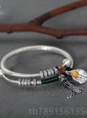 高档银手镯女99纯银古实心流苏古法复宫风铃吊坠民族古风拢推拉银