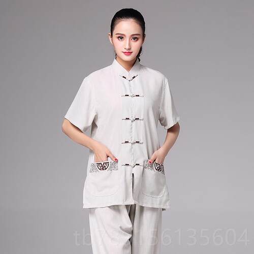高档太服男夏季棉麻 夏风季短袖中女老极年武术服 中国中年春秋练 - 图2