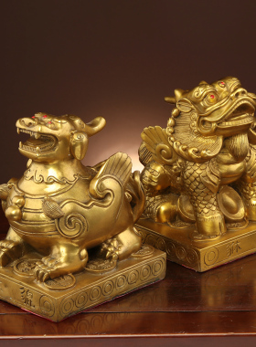 单双角铜貔貅招财摆件一对纯铜皮丘客厅店铺办公室开业礼品装饰物