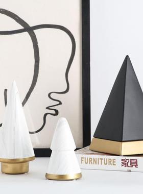 金色大理石纹金字塔陶瓷摆件北欧几何石头装饰品房间玄关轻奢摆设