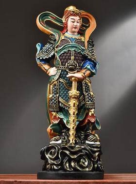 彩绘木雕伽蓝韦陀佛像摆件实木韦驮关公菩萨左右护法关公寺庙佛堂