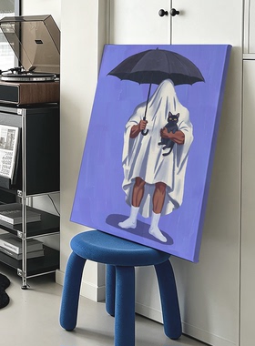 幽灵铲屎官美式厚涂肌理搞怪创意挂画健壮男士肌肉男抱黑猫装饰画