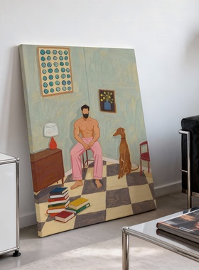 肌肉男宠物狗装饰画卡通平面氛围感画喷绘工作室艺术画框高级