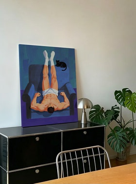 趣味创意插画潮流装饰画蓝紫调肌肉男黑猫艺术画公寓客厅软装挂画
