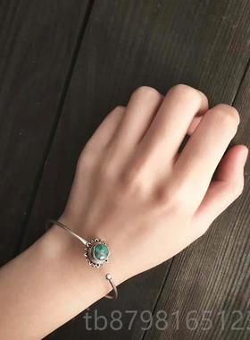 高档度复尼泊尔手工92银饰品镶嵌绿5松石手镯女手环 开口古民族印