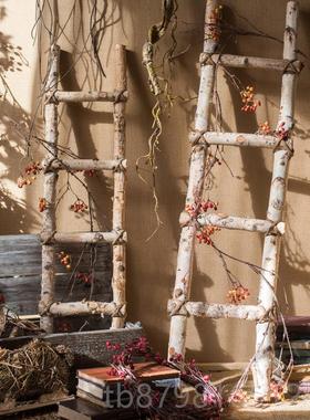 高档白桦木梯子落地装饰摆摄件园幼儿园环创花园庭院艺艺橱窗拍花