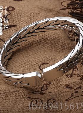 高档手工编织999泰足银男女情侣银手镯开花口九编织缠绵麻纯股银