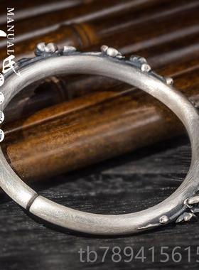 高档银坊云南工制作复古立体高手工艺雕刻手圆柱实心梅花镯.匠寸