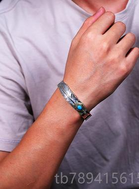 高档S天人使之愿925银饰羽品手鐲男潮个性高桥吾郎风格毛开口手镯