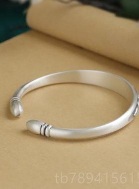 高档牡丹花纯银手开镯女999复银镯子实心口古哑光民族风足送妈妈