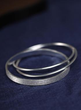 高档纯熙素原创荒老手镯天女银三环多层个性简约百搭三地生三世银