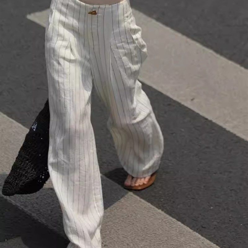 牛X货 巨炸裂!高腰显瘦垂感长裤子女夏小个子白色条纹窄版阔腿裤,淘宝优惠券,粉丝福利购,淘宝优惠卷