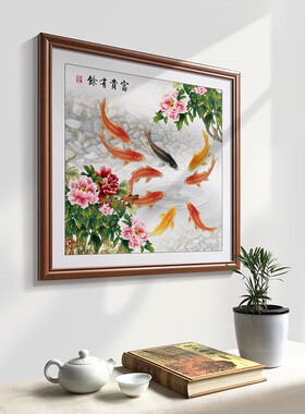 牡丹九鱼图玄关装饰画进门墙挂画客厅壁画聚财卧室中式餐厅方形画