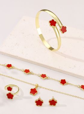 欧美跨境热销幸运花首饰套装五叶草手镯手链耳钉项链戒指女饰品