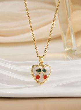 日韩流行红色樱桃吊坠项链女2024夏季轻奢锁骨链配饰钛钢项链