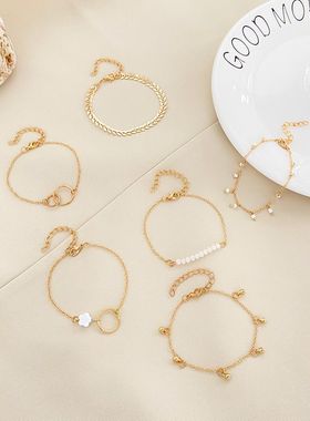 跨境热卖简约几何圆圈手链套装欧美ins花朵流苏树叶圈圈手链6件套