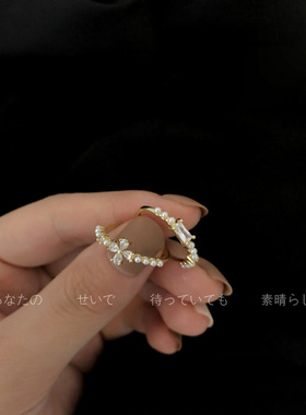 珍珠锆石戒指女小众设计个性百搭食指戒叠戴食指指环开口可调节