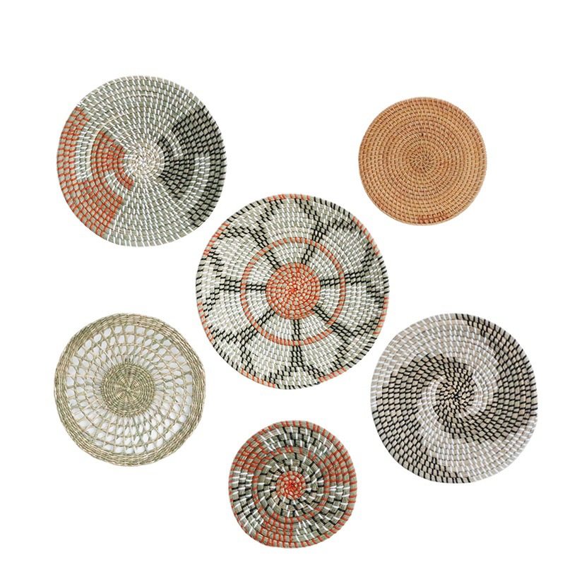 欧式民宿草编挂盘六件套家用海草编织盘客厅装饰挂件摆饰品草盘,淘宝优惠券,粉丝福利购,淘宝优惠卷