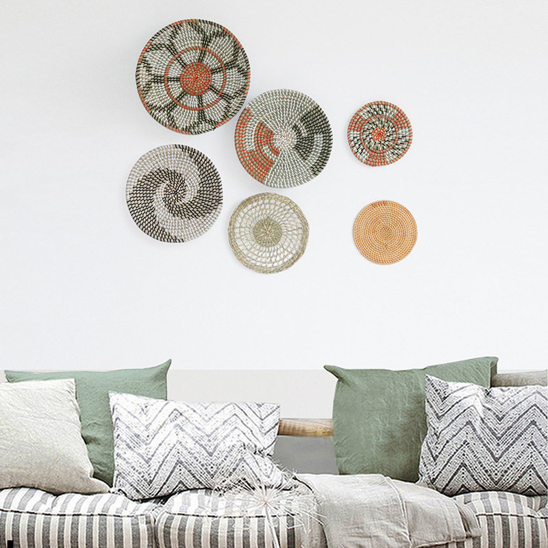欧式民宿草编挂盘六件套家用海草编织盘客厅装饰挂件摆饰品草盘,淘宝优惠券,粉丝福利购,淘宝优惠卷