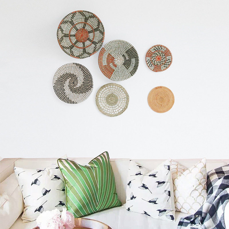 欧式民宿草编挂盘六件套家用海草编织盘客厅装饰挂件摆饰品草盘,淘宝优惠券,粉丝福利购,淘宝优惠卷