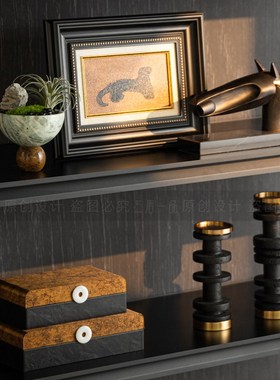 中古风客厅开放格金钱豹高级摆件轻奢样板间售楼处书架书柜装饰品