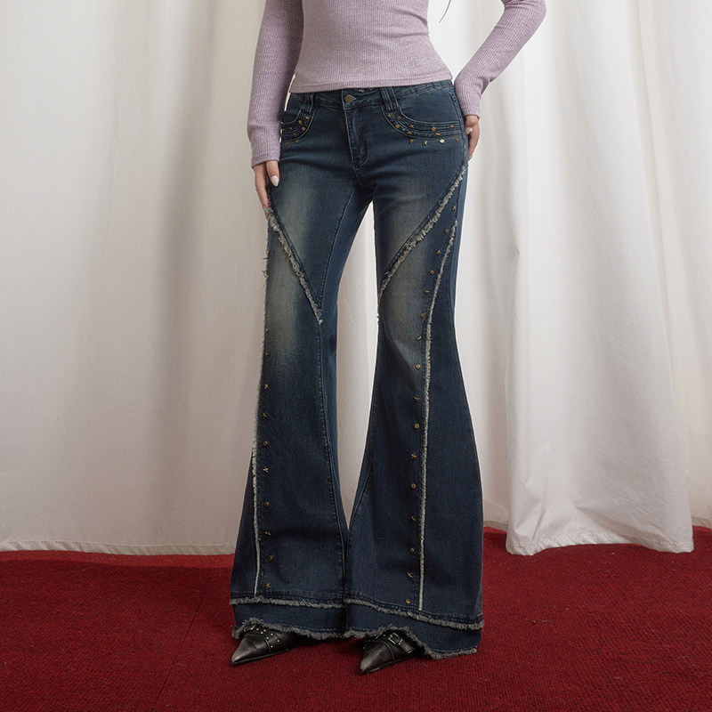 UNIFREEPLUS大码辣妹微喇牛仔裤女新款低腰修身美式做旧水洗裤子,淘宝优惠券,粉丝福利购,淘宝优惠卷