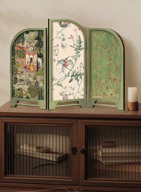中古风仿古桌面摆件客厅创意小屏风装饰画花鸟山水玄关柜电视柜画