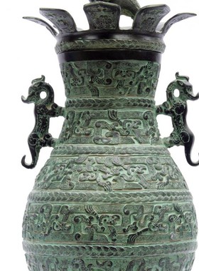 仿古青铜器花瓶摆件仙鹤展翅圆壶家居风水礼品客厅装饰插花双虎瓶