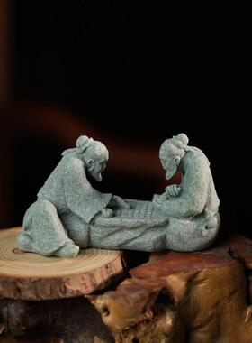 中式惬意下棋者鱼缸茶宠工艺摆饰姜太公钓鱼流水花园造景假山装饰