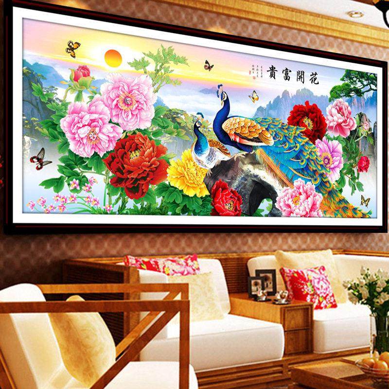 5d花开富贵钻石画2025新款孔雀开屏牡丹粘砖十字绣客厅大号贴钻画,淘宝优惠券,粉丝福利购,淘宝优惠卷