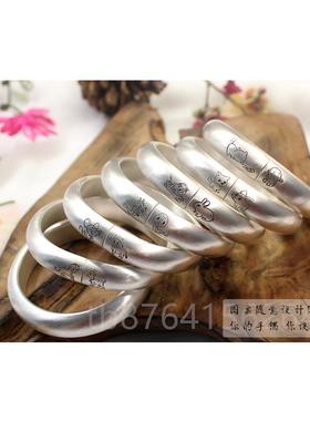 正品手工银手镯女999纯银开口实心足复古银法饰妈妈款古马蹄形银