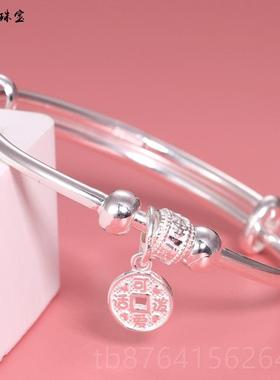 正品小银孩手镯女童儿童纯银实手镯男女款学生足999镯子卡通心银