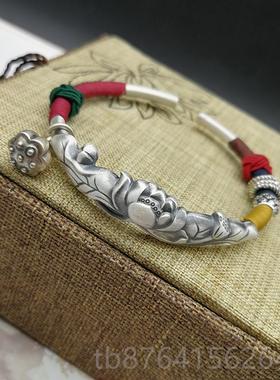 正品绕原创新品民族风手工莲线藕莲花999纯银饰品手开口镯莲蓬吊