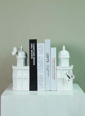 北欧白色创意建筑城堡书挡书靠法式书立样板房复古艺术展示柜摆件