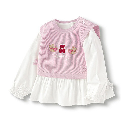 巴拉巴拉女幼小童套装秋季长袖格子衬衫针织背心2件201325102004 - 图1