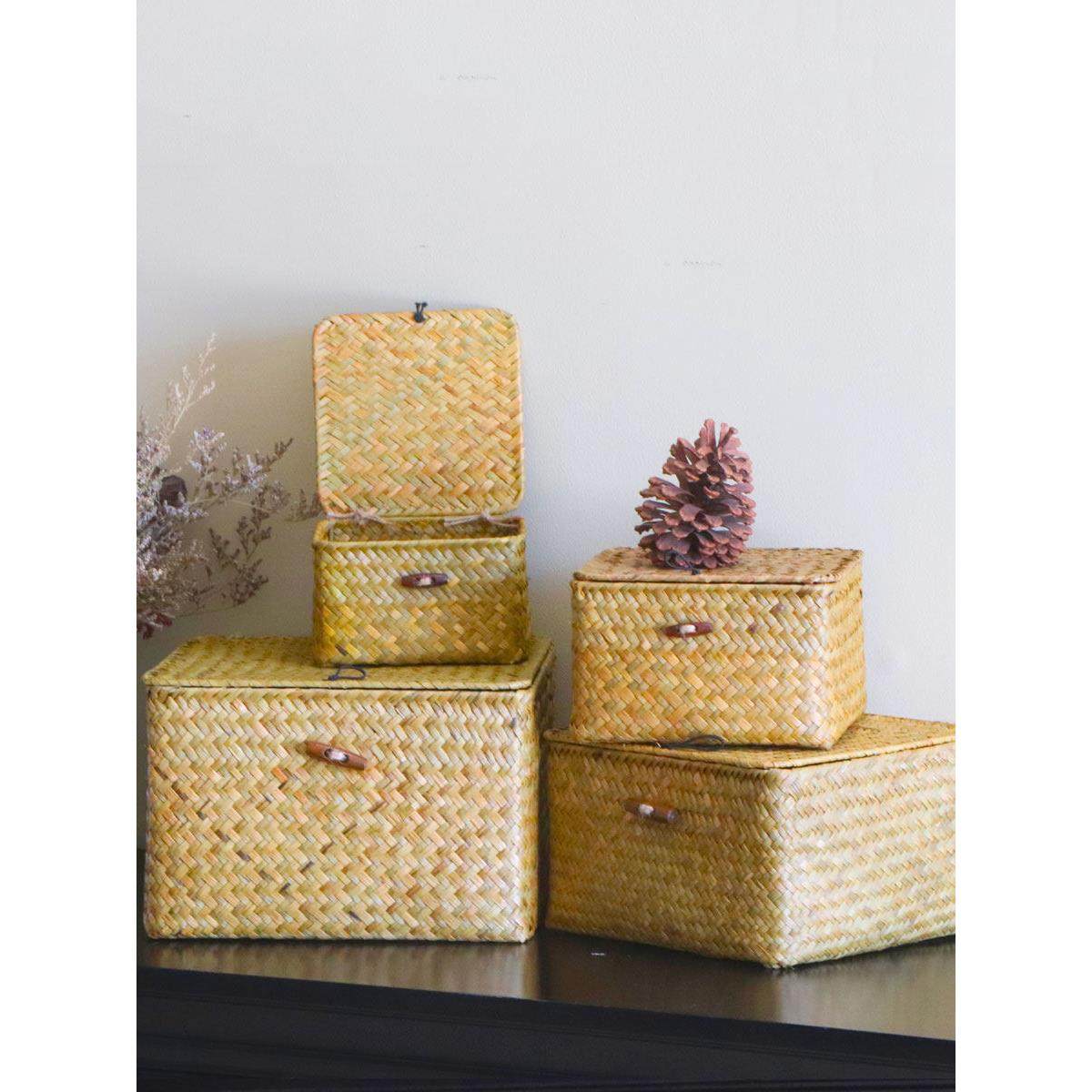 北欧手工编织收纳篮大号方形带盖糖果盒零食杂物筐家用储物箱竹篮,淘宝优惠券,粉丝福利购,淘宝优惠卷